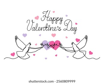 Happy Valentine's Day handwritten inscription, postcard with couple of pigeons, doves,loving birds.continuous single line art drawing sketch, logo