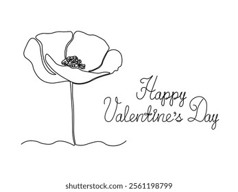 Happy Valentine's Day handwritten inscription, postcard with poppy flower.continuous single line art drawing sketch, logo