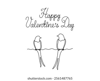 Happy Valentine's Day handwritten inscription, postcard with couple of swallows ,loving birds.continuous single line art drawing sketch, logo