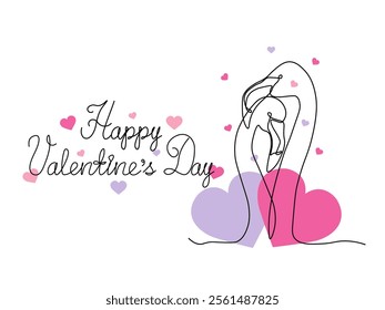 Happy Valentine's Day handwritten inscription, postcard with couple of flamingos loving birds.continuous single line art drawing sketch, logo