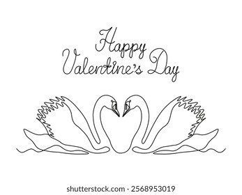 Happy Valentine's Day handwritten inscription, postcard with couple of swans loving birds.continuous single line art drawing sketch, logo