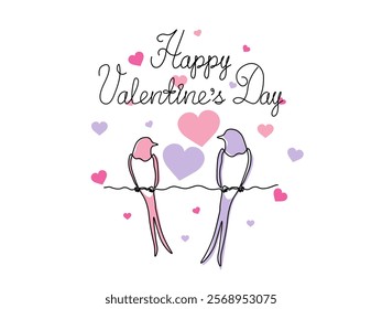 Happy Valentine's Day handwritten inscription, postcard with couple of swallows ,loving birds.continuous single line art drawing sketch, logo