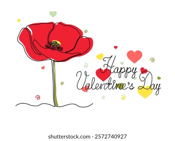 Happy Valentine's Day handwritten inscription, postcard with poppy flower and hearts.continuous single line art drawing sketch, logo