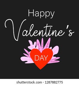 Happy Valentine's Day handwritten lettering. White calligraphic text with red heart on a black background. Valentines day holidays typography. Vector illustration
