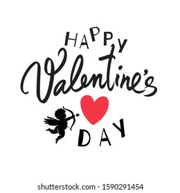 Happy Valentine's Day handwritten lettering. Black calligraphic text with red heart and Cupid aiming a bow isolated on white background. Valentines Day holidays typography. Vector illustration.