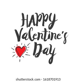 Happy Valentine's Day handwritten lettering. Black calligraphic text with red doodle heart isolated on white background. Valentines Day holidays typography. Vector illustration.
