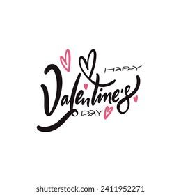 Happy Valentine's day handwritten lettering phrase. Black and pink color text holiday. Isolated on transparent background.