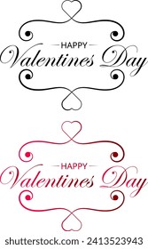 Happy Valentine's Day handwritten lettering. Black calligraphic text with red heart pierced by arrow isolated on white background. Valentines Day holidays typography. Vector illustration..eps