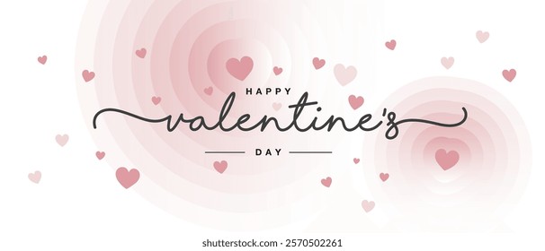 Happy Valentine's Day handwritten lettering caligraphy. Love Valentine and Wedding vibes on floating hearts abstract white pink background