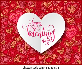 happy valentines day handwritten lettering holiday design with heart shape pattern to greeting card, poster, congratulate, calligraphy text vector illustration eps10
