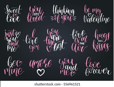 Happy Valentine's day handwritten lettering quotes set. February 14 modern calligraphy collection on black background for greeting or invitation cards, festive tags etc.