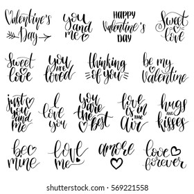 Happy Valentine's day handwritten lettering set. February 14 modern calligraphy collection on white background for greeting or invitation cards, festive tags, posters etc.