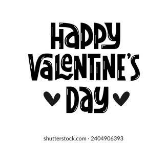 Happy Valentines Day Handwritten Phrase Black and White. Vector Hand Lettering for Greeting Card. Valentine's Day Congratulation.