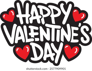 Happy Valentine's Day handwritten sticker with red hearts, Happy Valentine's Day black and white sign with red hearts, isolated with no background