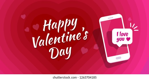 Happy valentines day handwritten text on red background. Message notification with the text I love you. New message on the smartphone screen. Vector illustration.