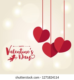 Happy Valentines Day, Handwritten text with heart shaped paper on golden background with soft bokeh lights. Vector