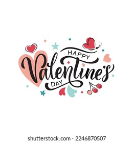 Happy Valentine's Day handwritten text. Hand lettering typography, modern brush ink calligraphy with romantic symbols. Vector colorful illustration. Concept for greeting card, banner, poster, print