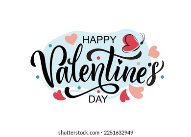 Happy Valentine's Day handwritten text. Hand lettering typography, modern brush ink calligraphy with romantic symbols. Vector colorful illustration. Concept for greeting card, banner, poster, print