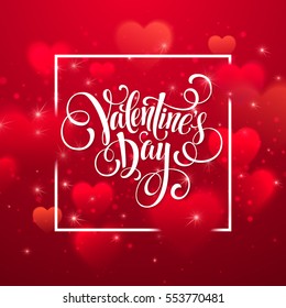 Happy valentines day handwritten text on blurred heart background. Vector illustration EPS10