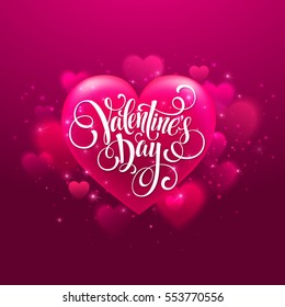 Happy valentines day handwritten text on blurred heart background. Vector illustration EPS10