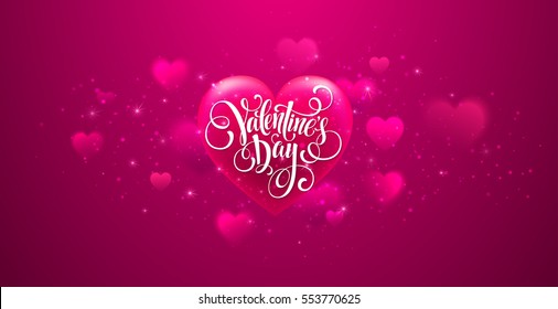 Happy valentines day handwritten text on blurred heart background. Vector illustration EPS10