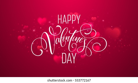 Happy valentines day handwritten text on blurred heart background. Vector illustration