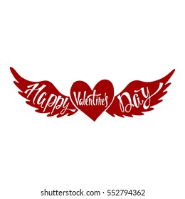 Happy Valentines Day. Handwritten vector lettering design. Calligraphic phrase in heart with wings.