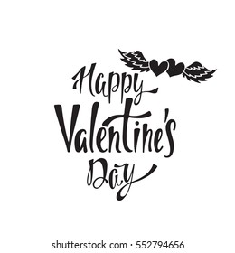 Happy Valentines Day. Handwritten vector lettering design. Calligraphic phrase with couple of hearts.