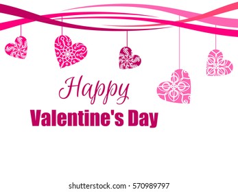 Happy Valentine's Day. Hanging hearts with a pattern. Greeting card. Vector illustration