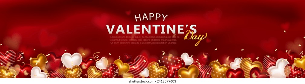 Happy Valentine's Day header with 3d colorful hearts frame and realistic confetti ribbons. Greeting card or romantic invitation billboard with hearts border, streamers and highlights in heart shape