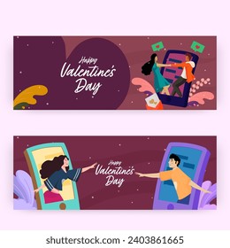 Happy Valentine's Day Header Or Banner Design with Romantic Couple from Phone In Two Color Options.