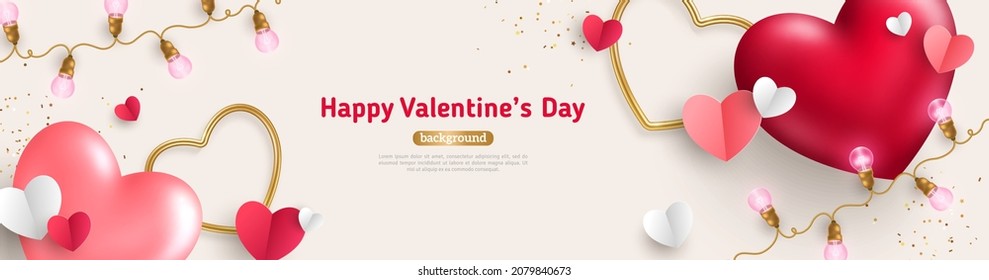 Happy Valentines Day header or sale banner. 3d red heart balloons, gold metal shapes, confetti and light bulbs on bright background. Gift card, voucher design, poster template, place for text
