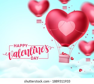 Happy valentines day heart balloon vector design. Valentines day greeting text with heart air balloon elements flying in blurred blue sky background. Vector Illustration.
