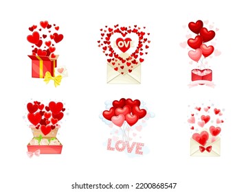 Happy Valentine's Day with Heart Balloon in Gift Box and Envelope Vector Composition Set