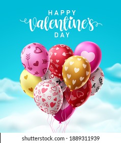 Happy valentines day heart balloons vector design. Heart shape colorful bunch of balloons for valentines day celebrations flying in blue sky background. Vector illustration.
