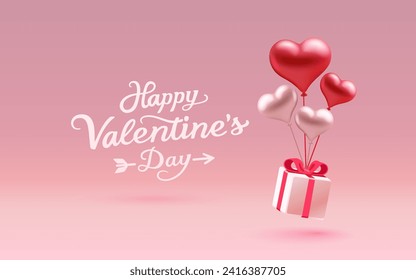 Happy Valentines Day heart and balloons, greeting card from February 14. Vector illustration.