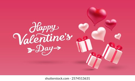 Happy Valentines Day heart and balloons, greeting card from February 14. Vector illustration.
