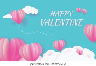 Happy Valentine's Day Heart Balloons
A festive "Happy Valentine" design featuring pink heart-shaped balloons floating among white clouds on a bright teal background. Perfect for Valentine's Day 