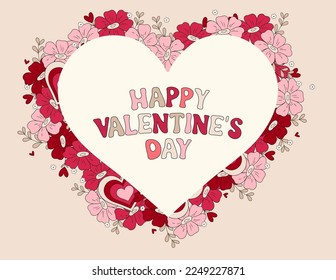 Happy Valentine's Day heart banner, flyer poster design decorated with flowers. Retro Groovy Hand drawn trendy heart frame decorated with flowers