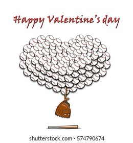 Happy Valentines Day. Heart from baseball balls. Dangling baseball glove. Baseball bat. Vector illustration