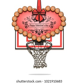 Happy Valentines Day. Heart from basketball balls on the background basketball shield with a ring. Vector illustration