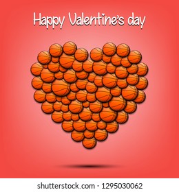 Happy Valentines Day. Heart from the basketball balls on isolated background. Design pattern for greeting card, banner, poster, flyer,  invitation party. Vector illustration