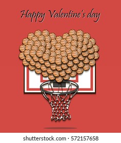 Happy Valentine's Day. Heart from basketball balls on the background basketball shield with a ring. Vector illustration