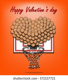 Happy Valentine's Day. Heart from basketball balls on the background basketball shield with a ring. Vector illustration