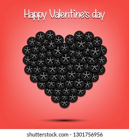 Happy Valentines Day. Heart from the car wheels on isolated background. Design pattern for greeting card, banner, poster, flyer,  invitation party. Vector illustration
