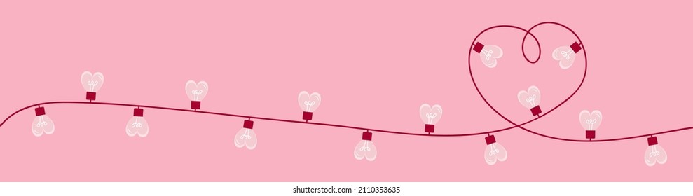 Happy Valentines Day. Heart Christmas light. One line garlannd string. Glowing lamp light bulb. Continuous line art. Black hearts. Decoration element. Love sign symbol Pink background. Vector