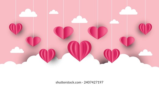 Happy valentines day. heart with clouds paper art style background. vector Illustration