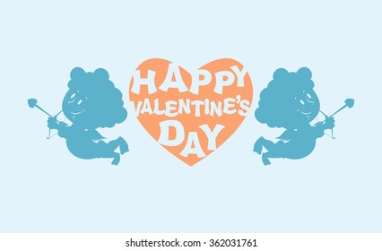 Happy Valentines day. Heart and Cupid. Little angel. Emblem for feast of love. February 14 holiday. Silhouette Angels with bows to Lover feast
