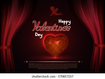 Happy Valentine's Day with a heart and cupid behind the scenes. Font design. Vector composition for holiday