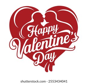 Happy Valentine's Day Heart Design with Romantic Couple Silhouette